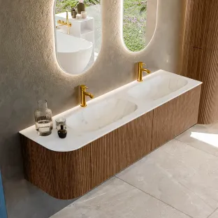 MONDIAZ Kurve-dlux 165cm badmeubel - kleur Walnut - 2 lades - STOR SMALL wastafel - wasbak Links - 2 kraangaten - kleur Opalo