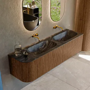 MONDIAZ Kurve-dlux 165cm badmeubel - kleur Walnut - 2 lades - STOR SMALL wastafel - wasbak Links - zonder kraangat - kleur Lava