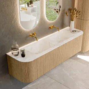 MONDIAZ Kurve-dlux 170cm badmeubel - kleur Oak - 1 lade - LEAF wastafel - wasbak Links en Rechts - zonder kraangat - kleur Frappe