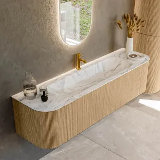 MONDIAZ Kurve-dlux 170cm badmeubel - kleur Oak - 2 lades - BIG LARGE wastafel - wasbak Links en Rechts - 1 kraangat - kleur Glace