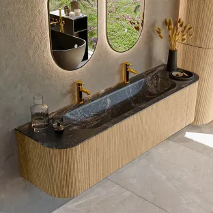 MONDIAZ Kurve-dlux 170cm badmeubel - kleur Oak - 2 lades - BIG LARGE wastafel - wasbak Links en Rechts - 2 kraangaten - kleur Lava