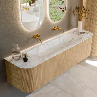 MONDIAZ Kurve-dlux 170cm badmeubel - kleur Oak - 2 lades - BIG LARGE wastafel - wasbak Links en Rechts - zonder kraangat - kleur Glace