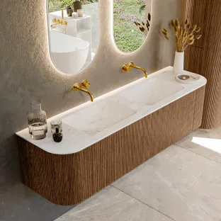 MONDIAZ Kurve-dlux 170cm badmeubel - kleur Walnut - 1 lade - LEAF wastafel - wasbak Links en Rechts - zonder kraangat - kleur Opalo
