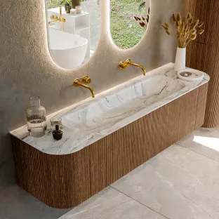 MONDIAZ Kurve-dlux 170cm badmeubel - kleur Walnut - 2 lades - BIG LARGE wastafel - wasbak Links en Rechts - zonder kraangat - kleur Glace