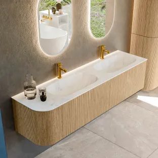 MONDIAZ Kurve-dlux 175cm badmeubel - kleur Oak - 2 lades - STOR SMALL wastafel - wasbak Links - 2 kraangaten - kleur Opalo