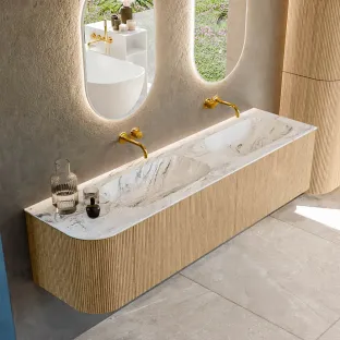 MONDIAZ Kurve-dlux 175cm badmeubel - kleur Oak - 2 lades - STOR SMALL wastafel - wasbak Links - zonder kraangat - kleur Glace