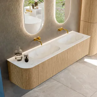 MONDIAZ Kurve-dlux 175cm badmeubel - kleur Oak - 2 lades - STOR SMALL wastafel - wasbak Links - zonder kraangat - kleur Opalo