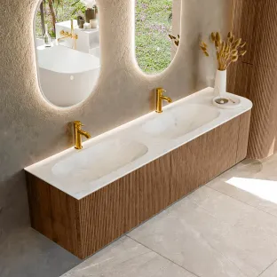 MONDIAZ Kurve-dlux 175cm badmeubel - kleur Walnut - 1 lade - STOR SMALL wastafel - wasbak Links - 2 kraangaten - kleur Opalo