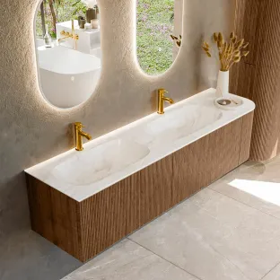 MONDIAZ Kurve-dlux 175cm badmeubel - kleur Walnut - 1 lade - STOR SMALL wastafel - wasbak Links - 2 kraangaten - kleur Ostra