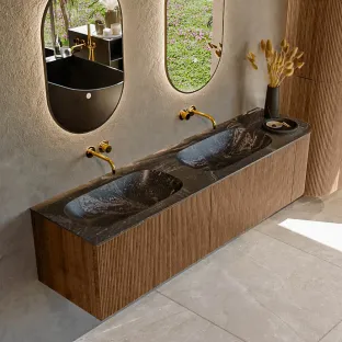 MONDIAZ Kurve-dlux 175cm badmeubel - kleur Walnut - 1 lade - STOR SMALL wastafel - wasbak Links - zonder kraangat - kleur Lava