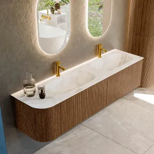 MONDIAZ Kurve-dlux 175cm badmeubel - kleur Walnut - 2 lades - STOR SMALL wastafel - wasbak Links - 2 kraangaten - kleur Frappe