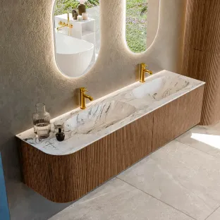 MONDIAZ Kurve-dlux 175cm badmeubel - kleur Walnut - 2 lades - STOR SMALL wastafel - wasbak Links - 2 kraangaten - kleur Glace