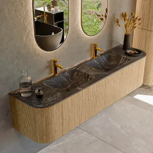 MONDIAZ Kurve-dlux 180cm badmeubel - kleur Oak - 1 lade - LEAF wastafel - wasbak Links en Rechts - 2 kraangaten - kleur Lava