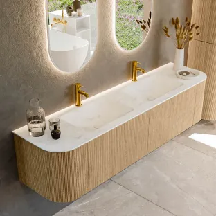 MONDIAZ Kurve-dlux 180cm badmeubel - kleur Oak - 1 lade - LEAF wastafel - wasbak Links en Rechts - 2 kraangaten - kleur Opalo