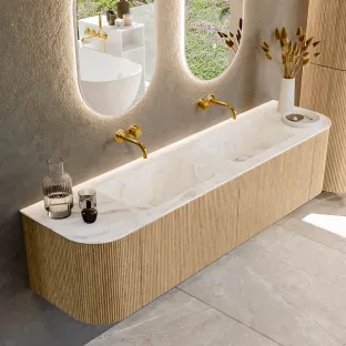 MONDIAZ Kurve-dlux 180cm badmeubel - kleur Oak - 1 lade - LEAF wastafel - wasbak Links en Rechts - zonder kraangat - kleur Frappe