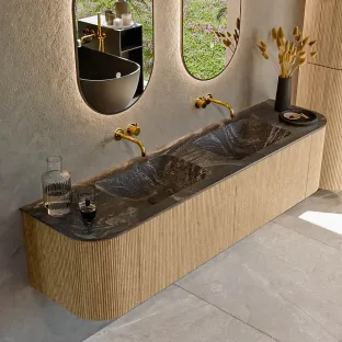 MONDIAZ Kurve-dlux 180cm badmeubel - kleur Oak - 1 lade - LEAF wastafel - wasbak Links en Rechts - zonder kraangat - kleur Lava