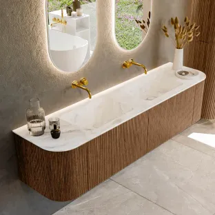 MONDIAZ Kurve-dlux 180cm badmeubel - kleur Walnut - 1 lade - LEAF wastafel - wasbak Links en Rechts - zonder kraangat - kleur Frappe