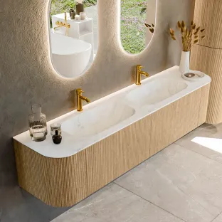 MONDIAZ Kurve-dlux 190cm badmeubel - kleur Oak - 1 lade - STOR SMALL wastafel - wasbak Links en Rechts - 2 kraangaten - kleur Opalo