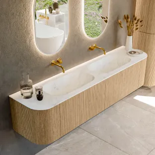 MONDIAZ Kurve-dlux 190cm badmeubel - kleur Oak - 1 lade - STOR SMALL wastafel - wasbak Links en Rechts - zonder kraangat - kleur Opalo