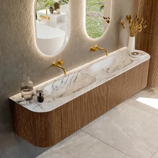 MONDIAZ Kurve-dlux 190cm badmeubel - kleur Walnut - 1 lade - STOR SMALL wastafel - wasbak Links en Rechts - zonder kraangat - kleur Glace