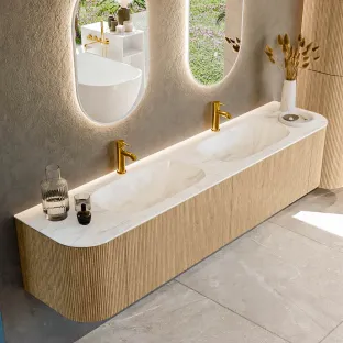 MONDIAZ Kurve-dlux 200cm badmeubel - kleur Oak - 1 lade - STOR SMALL wastafel - wasbak Links en Rechts - 2 kraangaten - kleur Ostra