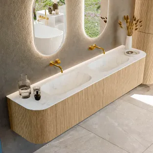MONDIAZ Kurve-dlux 200cm badmeubel - kleur Oak - 1 lade - STOR SMALL wastafel - wasbak Links en Rechts - zonder kraangat - kleur Opalo