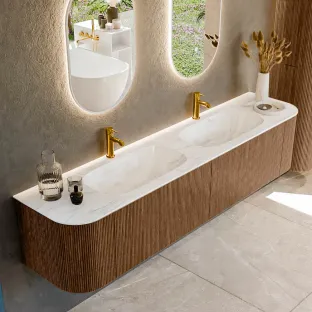 MONDIAZ Kurve-dlux 200cm badmeubel - kleur Walnut - 1 lade - STOR SMALL wastafel - wasbak Links en Rechts - 2 kraangaten - kleur Ostra