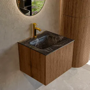 MONDIAZ Kurve-dlux 50cm badmeubel - kleur Walnut - 1 lade - GRUNNE wastafel - wasbak midden - 1 kraangat - kleur Lava