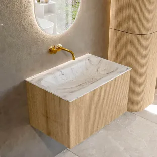 MONDIAZ Kurve-dlux 70cm badmeubel - kleur Oak - 1 lade - BIG SMALL wastafel - wasbak midden - zonder kraangat - kleur Glace