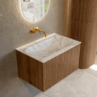 MONDIAZ Kurve-dlux 70cm badmeubel - kleur Walnut - 1 lade - BIG SMALL wastafel - wasbak midden - zonder kraangat - kleur Glace