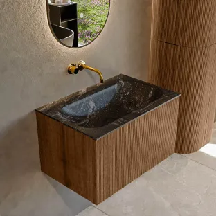 MONDIAZ Kurve-dlux 70cm badmeubel - kleur Walnut - 1 lade - BIG SMALL wastafel - wasbak midden - zonder kraangat - kleur Lava