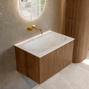 MONDIAZ Kurve-dlux 70cm badmeubel - kleur Walnut - 1 lade - BIG SMALL wastafel - wasbak midden - zonder kraangat - kleur Opalo