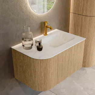 MONDIAZ Kurve-dlux 75cm badmeubel - kleur Oak - 2 lades - GRUNNE wastafel - wasbak Links - 1 kraangat - kleur Opalo