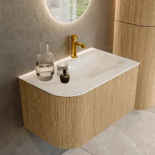 MONDIAZ Kurve-dlux 75cm badmeubel - kleur Oak - 2 lades - GRUNNE wastafel - wasbak Links - 1 kraangat - kleur Ostra