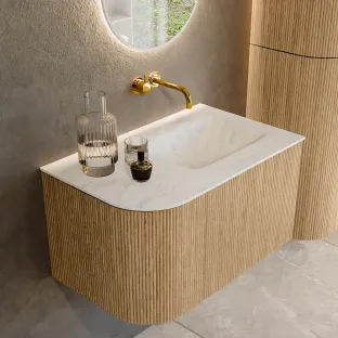 MONDIAZ Kurve-dlux 75cm badmeubel - kleur Oak - 2 lades - GRUNNE wastafel - wasbak Links - zonder kraangat - kleur Opalo