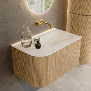 MONDIAZ Kurve-dlux 75cm badmeubel - kleur Oak - 2 lades - GRUNNE wastafel - wasbak Links - zonder kraangat - kleur Ostra