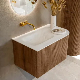 MONDIAZ Kurve-dlux 75cm badmeubel - kleur Walnut - 1 lade - GRUNNE wastafel - wasbak midden - zonder kraangat - kleur Opalo