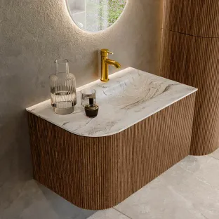 MONDIAZ Kurve-dlux 75cm badmeubel - kleur Walnut - 2 lades - GRUNNE wastafel - wasbak Links - 1 kraangat - kleur Glace