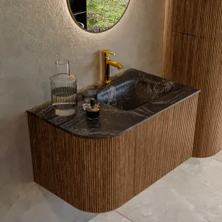 MONDIAZ Kurve-dlux 75cm badmeubel - kleur Walnut - 2 lades - GRUNNE wastafel - wasbak Links - 1 kraangat - kleur Lava