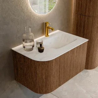 MONDIAZ Kurve-dlux 75cm badmeubel - kleur Walnut - 2 lades - GRUNNE wastafel - wasbak Links - 1 kraangat - kleur Opalo