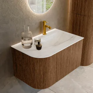 MONDIAZ Kurve-dlux 75cm badmeubel - kleur Walnut - 2 lades - GRUNNE wastafel - wasbak Links - 1 kraangat - kleur Ostra