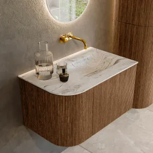 MONDIAZ Kurve-dlux 75cm badmeubel - kleur Walnut - 2 lades - GRUNNE wastafel - wasbak Links - zonder kraangat - kleur Glace
