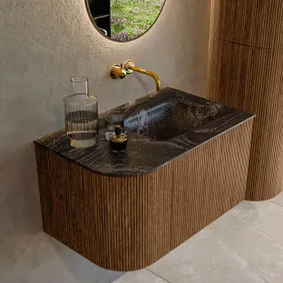 MONDIAZ Kurve-dlux 75cm badmeubel - kleur Walnut - 2 lades - GRUNNE wastafel - wasbak Links - zonder kraangat - kleur Lava