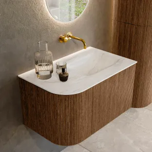 MONDIAZ Kurve-dlux 75cm badmeubel - kleur Walnut - 2 lades - GRUNNE wastafel - wasbak Links - zonder kraangat - kleur Ostra