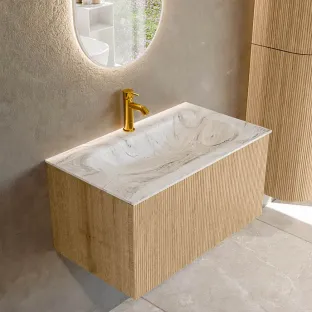 MONDIAZ Kurve-dlux 80cm badmeubel - kleur Oak - 1 lade - BIG SMALL wastafel - wasbak midden - 1 kraangat - kleur Glace