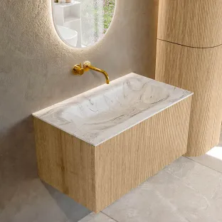 MONDIAZ Kurve-dlux 80cm badmeubel - kleur Oak - 1 lade - BIG SMALL wastafel - wasbak midden - zonder kraangat - kleur Glace