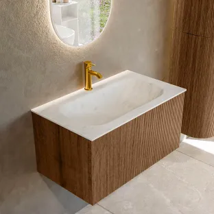 MONDIAZ Kurve-dlux 80cm badmeubel - kleur Walnut - 1 lade - BIG SMALL wastafel - wasbak midden - 1 kraangat - kleur Opalo