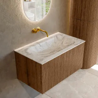 MONDIAZ Kurve-dlux 80cm badmeubel - kleur Walnut - 1 lade - BIG SMALL wastafel - wasbak midden - zonder kraangat - kleur Glace