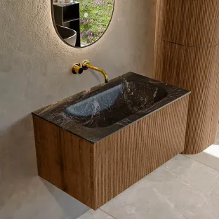 MONDIAZ Kurve-dlux 80cm badmeubel - kleur Walnut - 1 lade - BIG SMALL wastafel - wasbak midden - zonder kraangat - kleur Lava