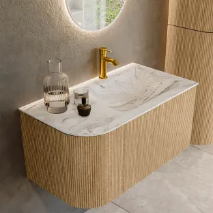 MONDIAZ Kurve-dlux 85cm badmeubel - kleur Oak - 2 lades - CLOUD wastafel - wasbak Links - 1 kraangat - kleur Glace